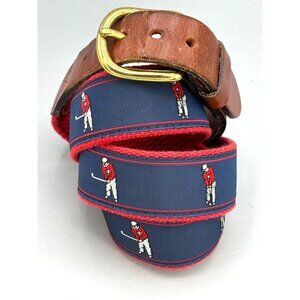 Golf-Themed Leather Man Ltd. Belt With Brass Buckle & Needlepoint Golfer Design